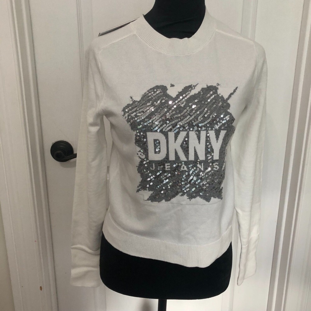 DKNY Jeans Womens Ivory Sequin Logo Crewneck Sweater E2IS0D59 XXS New With‎ Tags